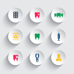 Teeth color icons on round 3d shapes, dental care, tooth cavity, toothcare, stomatology, tooth icon, vector illustration