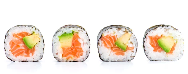 Afwasbaar Fotobehang Sushi bar close-up van traditionele verse Japanse zeevruchtensushibroodjes op a
