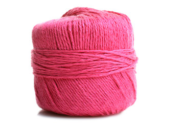pink yarn for knitting on white background isolated