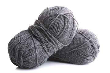 grey yarn for knitting on white background isolated
