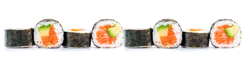 close-up of traditional fresh japanese seafood sushi rolls on a