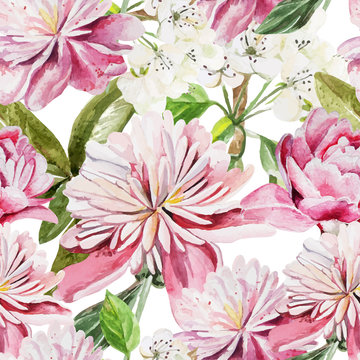 Seamless pattern with watercolor flowers.  Peonies