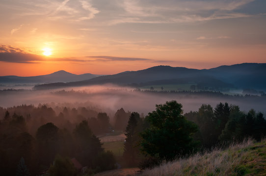 Fototapeta Sunrise at Bohemian Switzerland forest, Czech republic