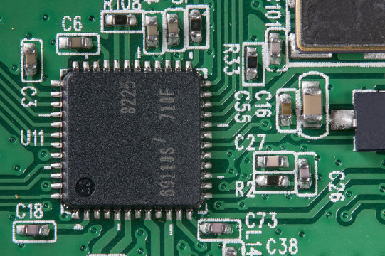 electronic circuit board with processor macro photo