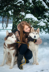 Girl with two husky
