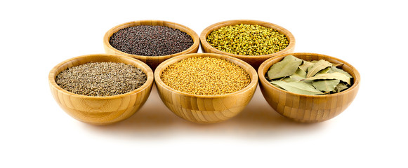 Collection of spices with cumin, mustard and coriander