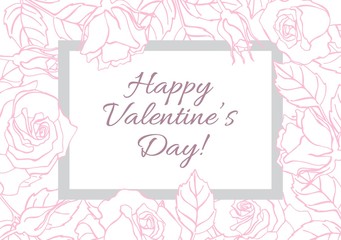 Fototapeta na wymiar Happy Valentines Day card with hand drawn botanical rose illustr