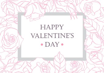 Happy Valentines Day card with hand drawn botanical rose illustr