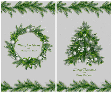 Christmas wreath with decorations: balls, ribbons and stars. Christmas pine twigs and spruce branches. Christmas border with holiday decorations. Set of two greeting cards. Vector, EPS 10.
