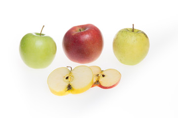 Yellow, green and red apples isolated on white