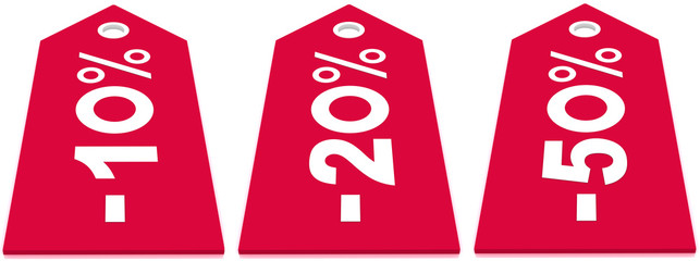 set of 10% 20% 50% sale red labels with white numbers, isolated on white