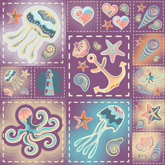 Naklejka premium Vector patchwork nautical patterns. Use to create quilting patches or seamless backgrounds for various craft projects