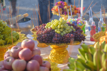Food or vegetable or fruit offerings for the gods of Thailand cu