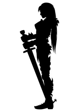 Guardian knight woman silhouette. Illustration girl warrior silhouette in knight armor with two-handed sword