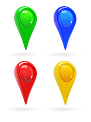 green, blue, red and yellow map pointers on white background