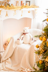 Fototapeta na wymiar Beautiful holiday decorated room with Christmas tree 