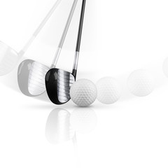 Golf club with golf ball on white background.