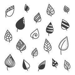 Set of doodle leaves isolated on white background.