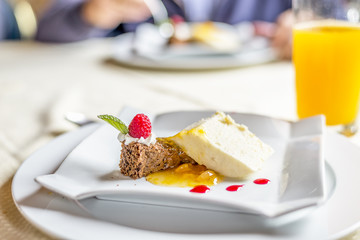 chocolate brownie with white chocolate mousse