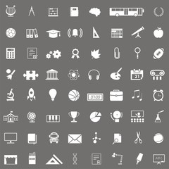 Conjunto de 63 iconos de colegio y educación sobre fondo oscuro