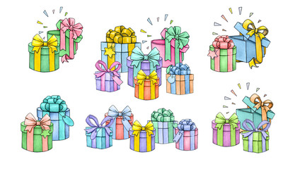 Set of colorful gift boxes with bows and ribbons isolated on white background. Watercolor lovely illustration. Handwork