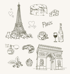 Freehand drawing Paris items on a sheet of exercise book. Eiffel Tower. Arc de Triomphe. Vector illustration. Isolated on white background - obrazy, fototapety, plakaty