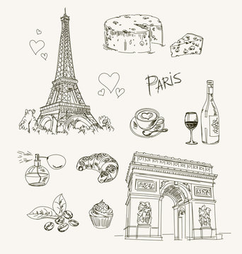 Freehand drawing Paris items on a sheet of exercise book. Eiffel Tower. Arc de Triomphe. Vector illustration. Isolated on white background
