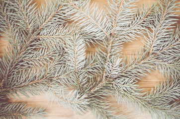 Naklejka na ściany i meble fir twigs on a natural wood background