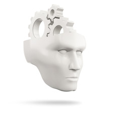white human head with gears on a white background