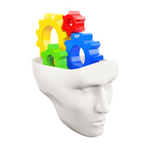 white human head with colored gear wheels on a white background