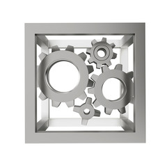 mechanical system with gear wheels in the steel frame, isolated on a white background