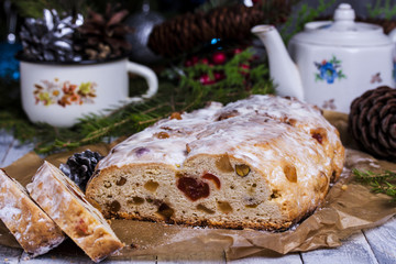 German Christmas cake Stollen with dry fruits and nuts