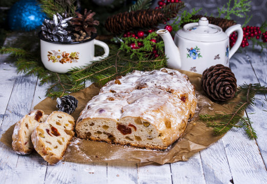 German Christmas cake Stollen with dry fruits and nuts