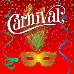 Carnival Festive background with mask, ribbons and confetti.