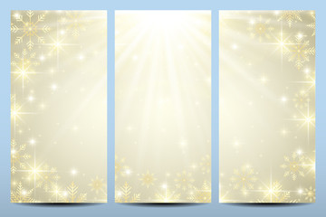 Happy New Year flyers with golden snowflakes. Modern design vector template
