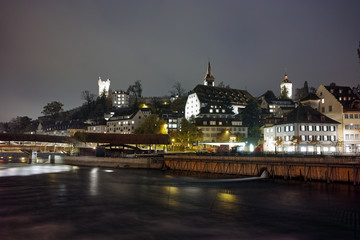 Night panorama Lucern and Reuss River, Canton of Lucerne, Switzerland
