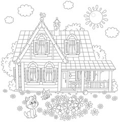 Vector black and white illustration of a country house, a flowerbed and a small kitten playing with a butterfly