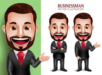 3D Realistic Professional Business Man Vector Character Smiling in Attractive Corporate Attire for Presentation Isolated in White Background. Set of Vector Illustration
