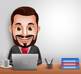 3D Realistic Professional Business Man Vector Character Busy Working in Office Desk with Laptop Computer. Vector Illustration

