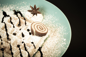 Traditional belgium soft fresh waffles with a decor on a plate.