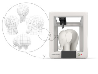 3d printer with plastic elephant and speech bubble on white background