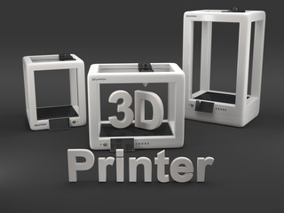 three 3D printers on grey background