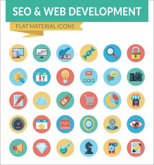 SEO & WEB DEVELOPMENT. Trendy Material Design Icons pack for designers and developers. Icons for seo and web development, for websites and mobile websites and apps.