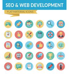 SEO & WEB DEVELOPMENT. Trendy Material Design Icons pack for designers and developers. Icons for seo and web development, for websites and mobile websites and apps.
