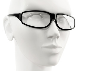 close-up of white mannequin head of a woman wearing glasses