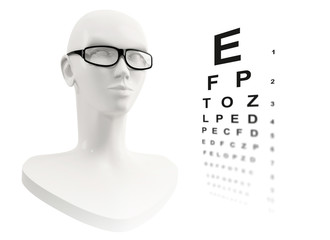 head of a female mannequin in eyeglasses with eye chart on background