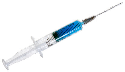 syringe with blue liquid with water bubbles isolated on white background