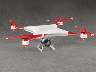 white quadcopter drone with reds rotor blades and HD camera on gray background