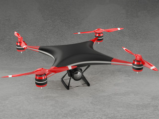 black quadcopter drone with HD camera on gray background