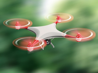 white quadcopter drone with HD camera in flight on green background